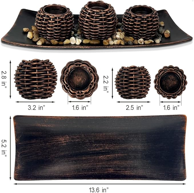Coffee Table Decor, 3 Pieces Candle Holders with Tray and Rocks, Centerpiece Table Decorations for Living Room, Dining Room, Bedroom, Entryway Table Decor Thanksgiving Gift