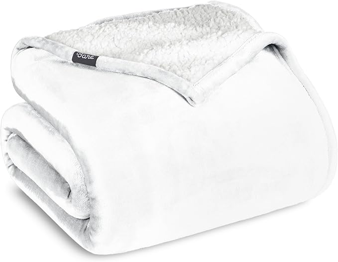 Bare Home Sherpa Fleece Blanket - Throw/Travel Size - Blanket for Bed, Sofa, and Couch - Warm & Lightweight - Fluffy & Soft - Reversible (Throw/Travel, White)