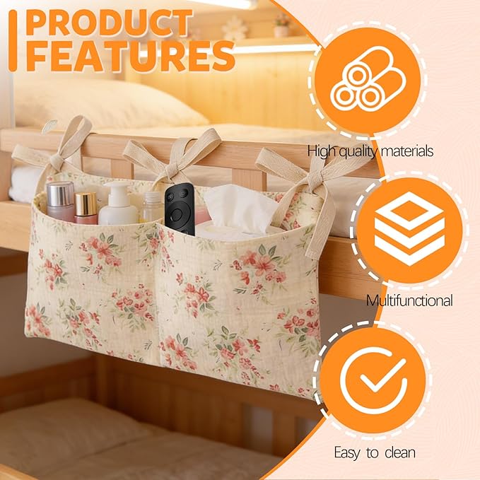 2 Pieces Floral Pattern Bedside Caddy with 2 Pockets, Bedside Hanging Storage Organizer, Dorm Rooms Bunk Bed Storage Bag for Home Phone Remote Control Key Glasses (Beige)
