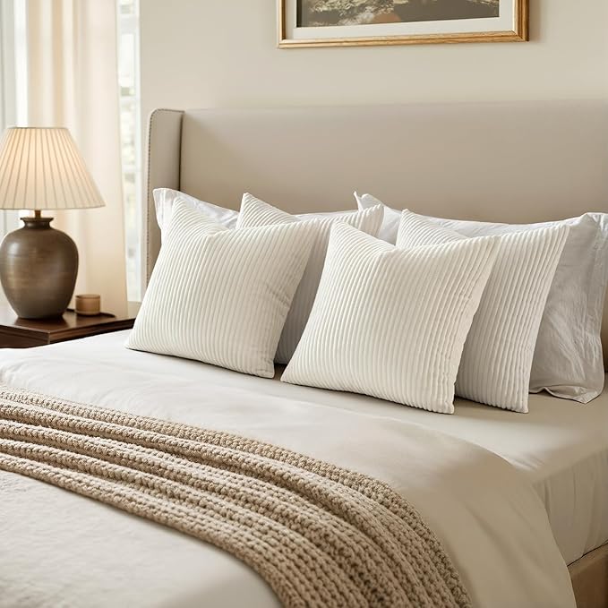EMEMA Beige Decorative Throw Pillow Covers 16x16 Inch Set of 4 Boho Farmhouse Corduroy Striped Square Pillow Case,Western Modern Cushion Covers for Couch Bed Livingroom Home Decor