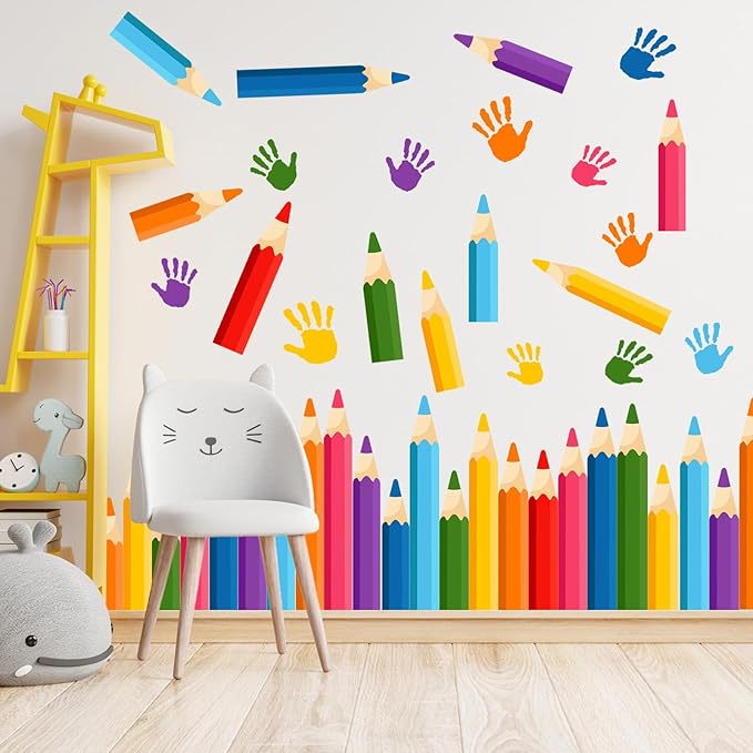 Colorful Pencils Wall Decals - 9 Sheets 47 Pcs Colored Handprint Pencil Wall Stickers Educational Peel and Stick Wall Decor for Back to School Classroom Playroom Living Room Nursery