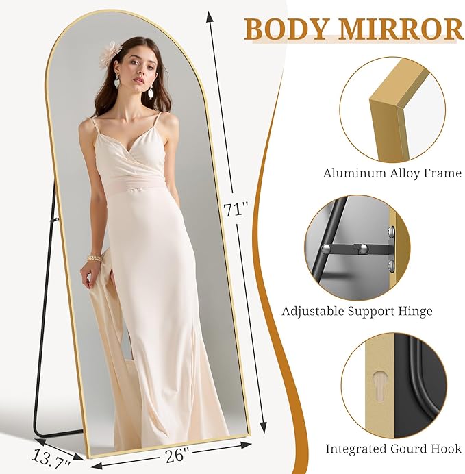 Full Length Mirror 71"x26" Full Body Mirror Arched Free Standing Wall Mounted Leaning Floor Mirrors with Stand Aluminum Alloy Frame for Bedroom Cloakroom, Gold