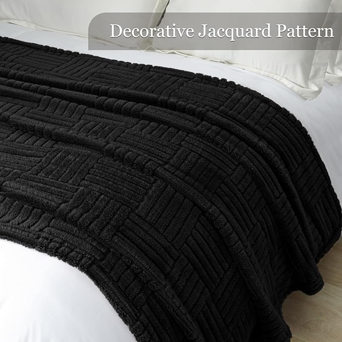 Whale Flotilla Lightweight Fleece Queen Size Blanket for Bed, Fuzzy Soft Blankets with Decorative Jacquard Pattern for All Season, Warm and Fluffy, 90x90 Inch, Black