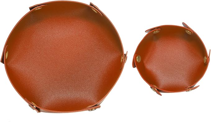 HARFINGTON 2pcs PU Leather Valet Tray Unisex Valet Tray Folding Round Catchall Tray Portable Entryway Table Tray Nightstand Bedside Desk Tray for Key Watch Coin Jewelry Dice, Orange