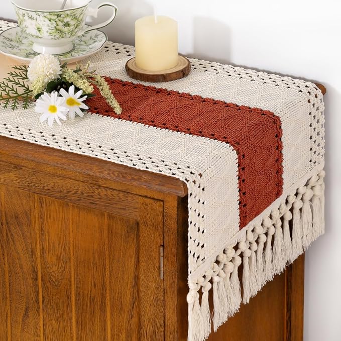 Socomi Boho Table Runner Easter Spring Farmhouse Rustic Dining Kitchen Centerpiece Macrame Woven Cotton Linen Coffee Table Runner for Dresser Scarf Home Decor 12x72 inch Terracotta Ivory