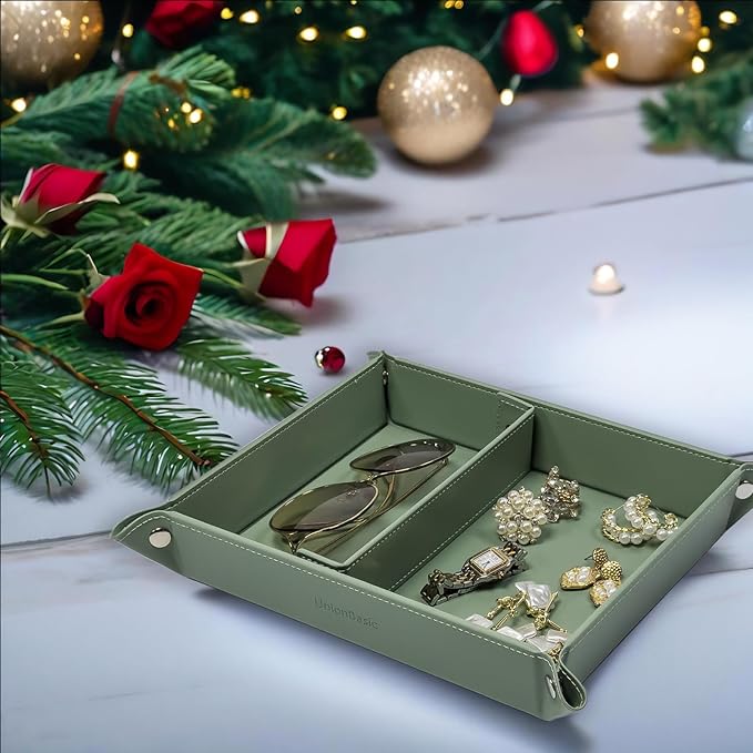 UnionBasic Medium Valet Tray, Jewelry Tray for Rings Earrings, Entryway Catchall Caddy for Coins Keys Change, Nightstand Bedside Valet Holder, Trays for Electronic Gadgets, Malachite Green Plus