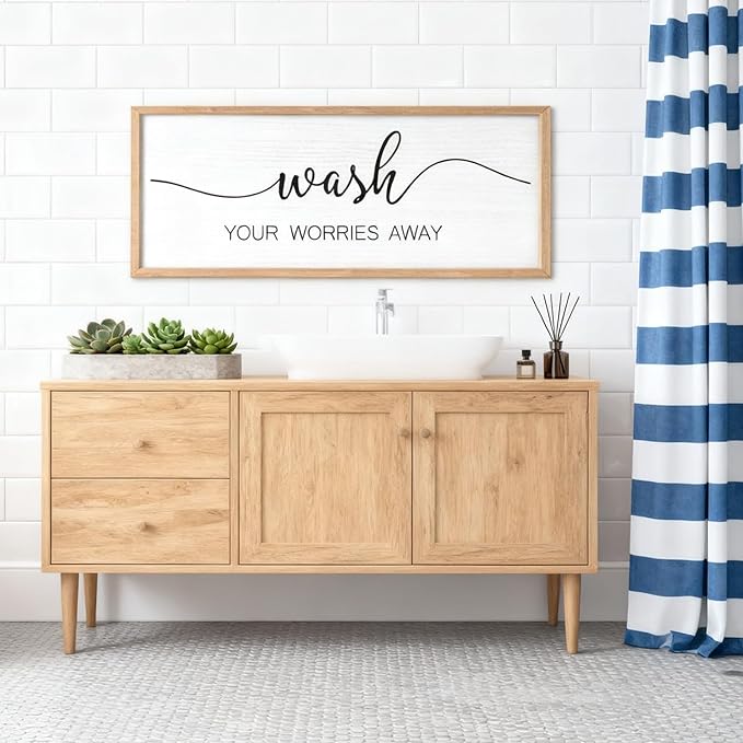 Foutcheou Funny Wash Your Worries Away Bathroom Wall Decor Sign 32x12 Inch Framed Wooden Wall Art with Inspirational Quote, Farmhouse for Home Laundry Room Guest Powder Room Wall Decor