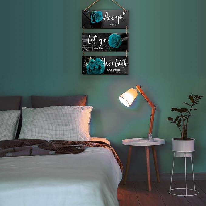 3 Pcs Wooden Teal Flower Wall Art - Teal Rose Wall Decor With Inspirational Quotes - For Women, Office, Living Room, Bedroom (10 x 4 Inch)