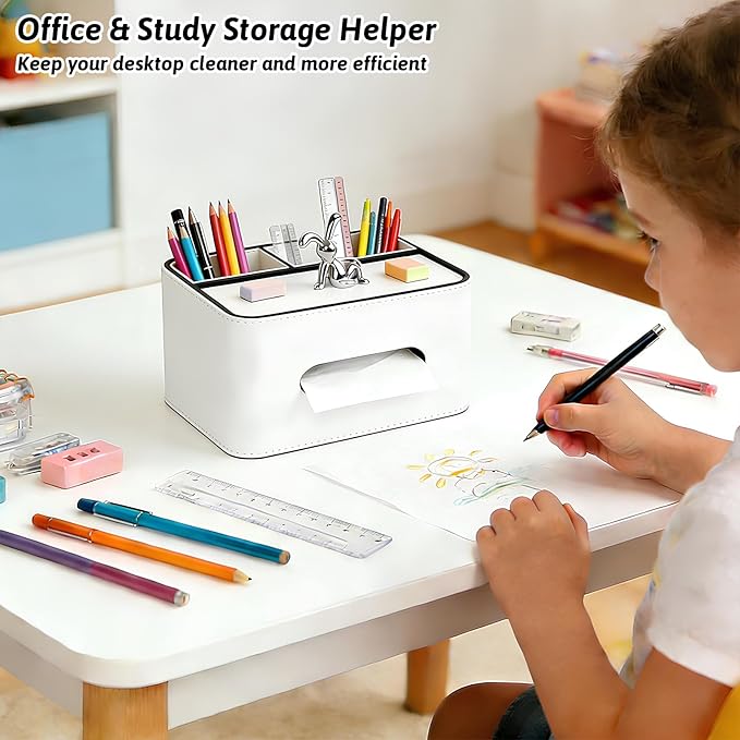 PU Leather Tissue Box Cover Square - Multifunctional Tissue Box Holder with Storage, Tissue and Remote Control Holder Organizer with Compartments for Bedroom Nightstand, Desk, Living Room (White)