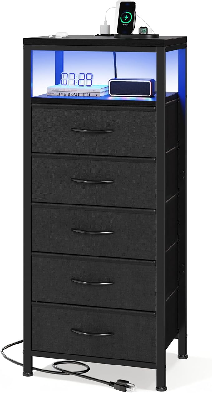 Sweetcrispy Nightstand with Charging Station, Bedside End Table with 5 Fabric Drawers & USB/Type-C Ports and Outlets, Night Stand for Bedroom Furniture, Adjustable Feet and Variable Light Strip, Black