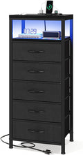Sweetcrispy Nightstand with Charging Station, Bedside End Table with 5 Fabric Drawers & USB/Type-C Ports and Outlets, Night Stand for Bedroom Furniture, Adjustable Feet and Variable Light Strip, Black