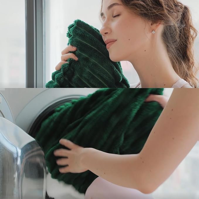 Green Sherpa Fleece Throw Blanket 60”×80” for Couch Sofa Bed,Double Side Soft Fuzzy Cozy Plush Thick Flannel Blanket with Striped Design,Gift for Adults,Woman,Girls
