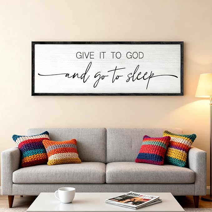 Give It to God and Go to Sleep Decorative Rustic Sign & Plaque Framed Wall Art for Couples, 40''×15'' Cottagecore Wooden Horizontal Wall Decor Above Bed, Vintage Farmhouse Wedding Gift for Bedroom