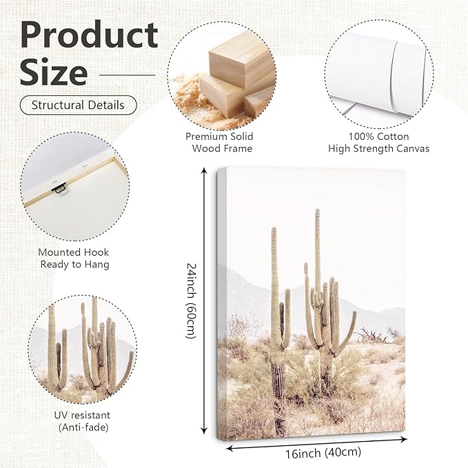 Pennclys Sonoran Desert Landscape Wall Art Cactus Arizona Canvas Wall Decor Desert Poster Pictures Saguaro Cactus Art Prints Landscape Painting for Home Bedroom 16x24x3 Inch Ready to Hang