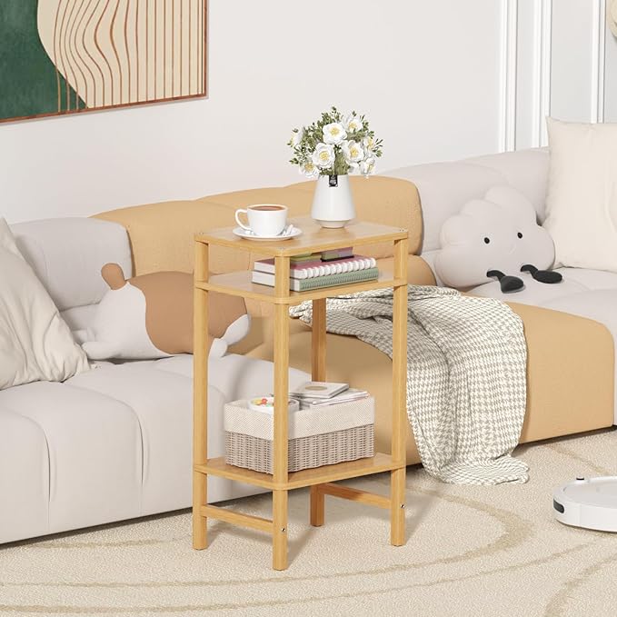 Side Table End Table Tall Night Stand 3-Tier 2 Pack for Living Room Bedroom Bathroom Office Furniture Natural