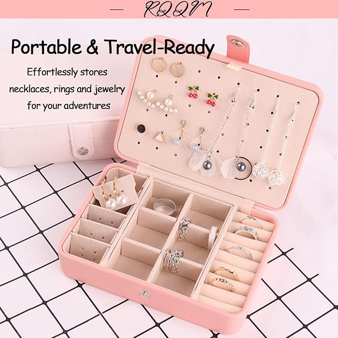 Travel Jewelry Organizer Box with Compartments, Small Jewelry Case with Necklace Hooks Ring Slots and Removable Dividers for Storage and Organization