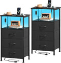 Somdot Nightstands Set of 2,Bedside Tables with Charging Station and LED Lights,Night Stand with 3 Fabric Drawers, End Tables with Open Shelf for Bedroom Living Room Entryway Hallway, Black