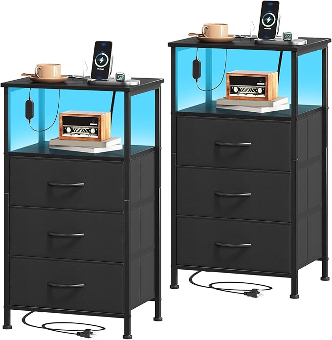 Somdot Nightstands Set of 2,Bedside Tables with Charging Station and LED Lights,Night Stand with 3 Fabric Drawers, End Tables with Open Shelf for Bedroom Living Room Entryway Hallway, Black
