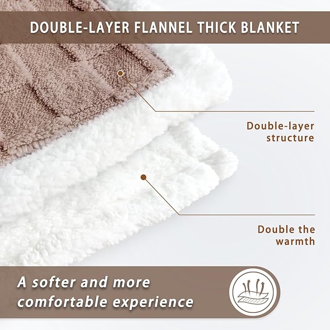 Sherpa Throw Blanket for Couch, Flannel Cozy Soft Thick Blanket for Bed - Fleece, Coffee, 60x80 Inches