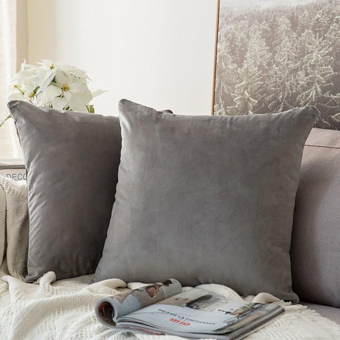 MIULEE Velvet Throw Pillow Covers 16x16 Inch, Pack of 2 - Grey, Soft Solid Decorative Pillow Covers Cushion Cases Modern Luxury Home Decor for Spring Couch Sofa Bedroom Livingroom