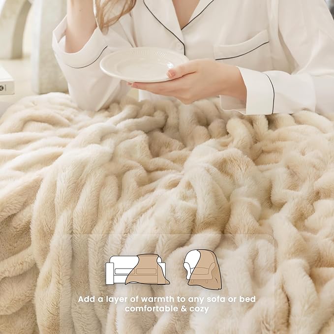Ultra Soft Faux Rabbit Fur Throw Blanket, Cozy Fuzzy Blanket for Couch Bed, Plush Warm Decor Gifts, Luxury Thick Fluffy Blanket for Women & Men,50x60 inches, Tie-Dyed in Khaki