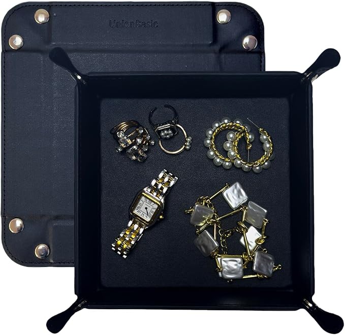 UnionBasic Small Valet Tray, Jewelry Tray for Rings Watches Earrings, Entryway Catchall Caddy for Coins Keys Change, Nightstand Bedside Valet Holder, Trays for Electronic Gadgets, Black