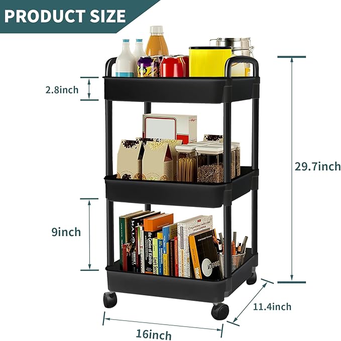EZ COZY 3 Tier Rolling Cart, Plastic Diaper Cart Organizer with Wheels, Roller Cart for Diapers, Baby Nursery, Kitchen, Bathroom, Living Room and Bedside, Black