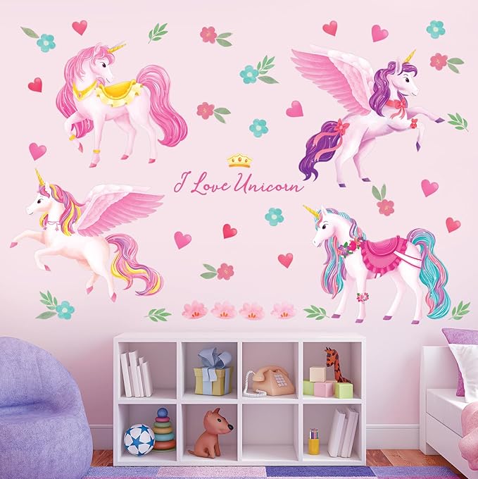 DECOWALL DS9-8072 Unicorns and Rainbow Wall Stickers Decals Birthday Decorations for Girls Party Favors Unicorn Room Decor Bedroom Gifts Kids Colorful Removable Nursery Living Art Home Princess