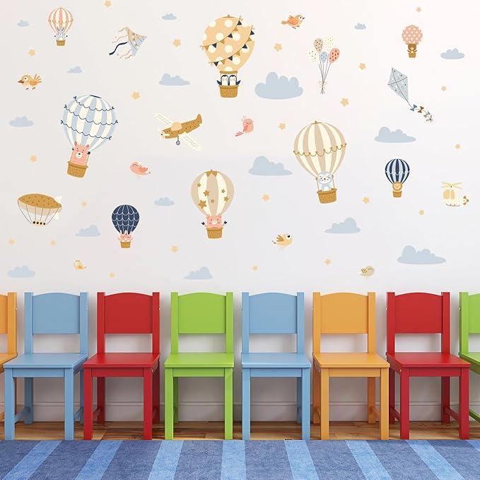 HLNIUC Large Hot Air Balloon Wall Sticker 35”x24”Baby Animal Peel And Stick Wall Art Decal Star Moon Cloud Balloons Window Cling Cartoon Airplane and Hot Air Balloon Room Sticker for Nursery Kids Room