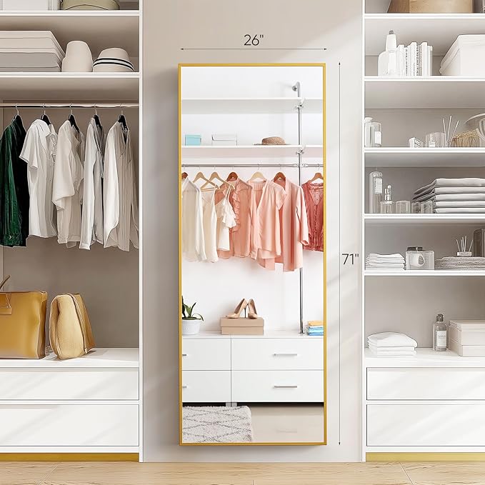 NEWBULIG Full Length Mirror 71.1"x25" for Bedroom, Full Body Mirror with Stand, Hanging or Leaning for Wall, Aluminum Alloy Thin Frame Floor Standing for Living Room, Long, Classical Gold