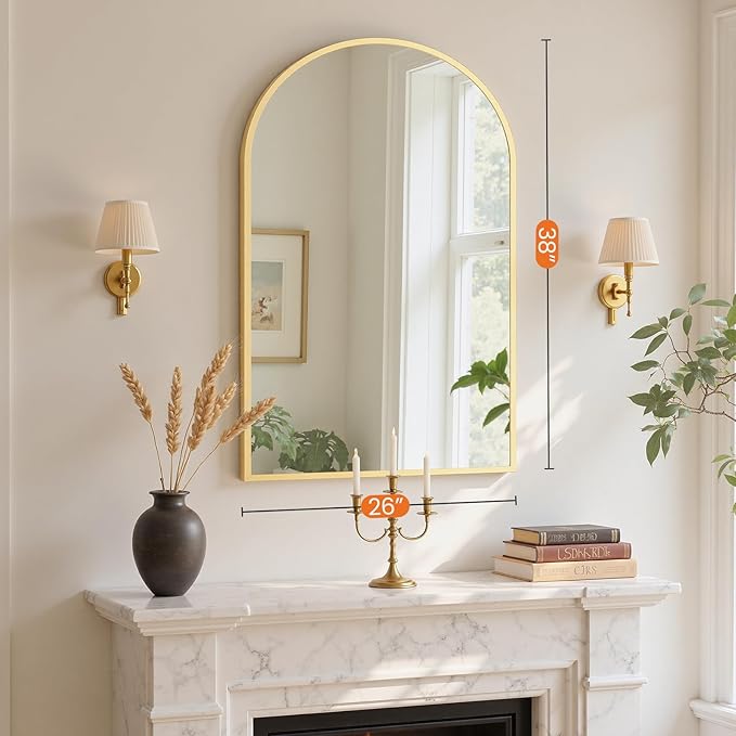 Sweetcrispy 26"x38" Arched Gold Bathroom Mirror Wall Mounted Vanity Metal Frame Mirror for Bedroom, Entryway, Living Room