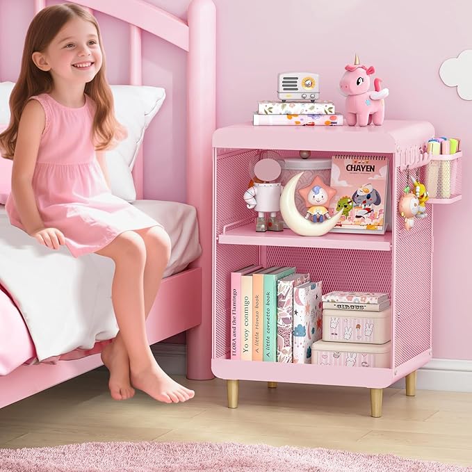 Kids Nightstand,Kids Bedside Table,Teen Girls Night Stand,Toddler Night Stand,End Table for Girls Room Storage,Pink nightstand