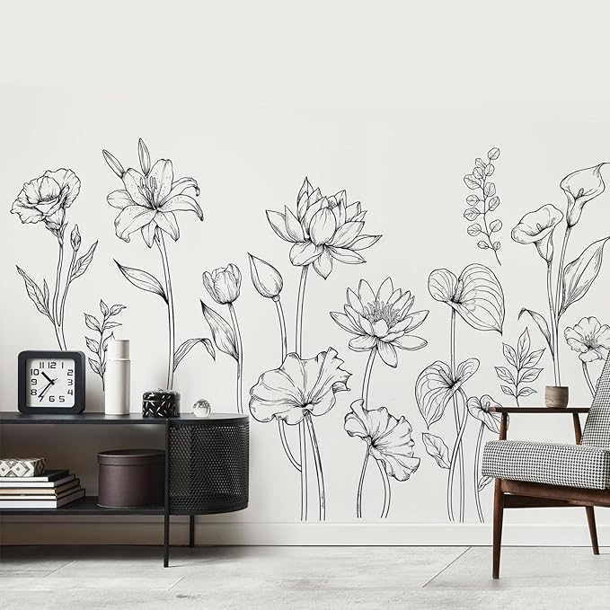 Large Black and White Flower Wall Decals Simple Modern Minimalist Garden Flower Wall Stickers Peel and Stick Floral Wall Art Decor for Girls Bedroom Living Room Office Adult Home Decor Gift for Mom