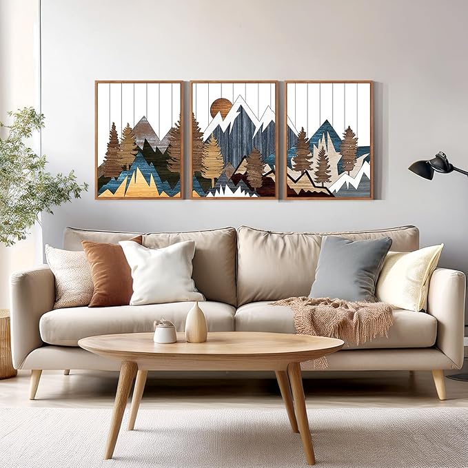 CHDITB Mountain Framed Canvas Wall Art Set Of 3,Country National Parks Artwork Modern Nature Wall Decor, Wood Mountain Wall Painting,Woodcut Nature Art Prints For Bedroom Living Room Decor(12X16 Inch)