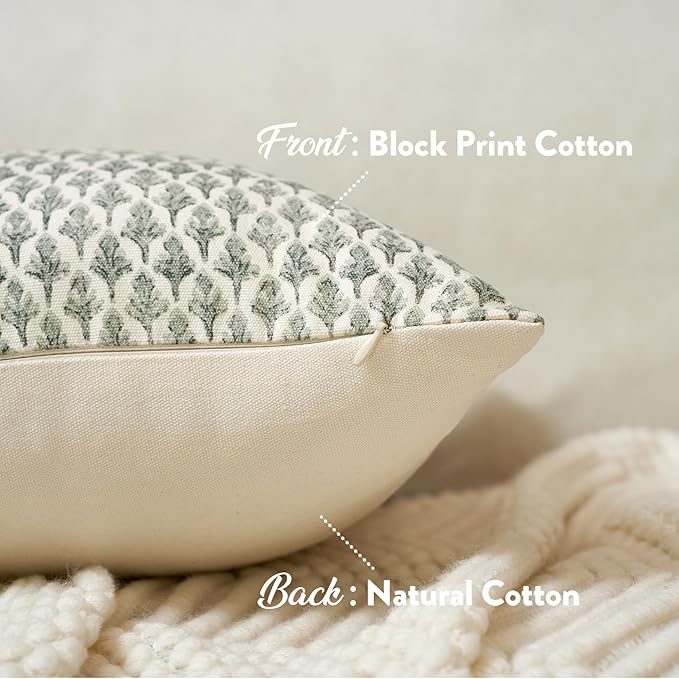 FIOUOVO Floral Pillow Covers 18x18 Pillow Cover Block Print Couch Pillows for Living Room Decorative Neutral Accent Throw Pillow Covers, 1PC, Olive Green
