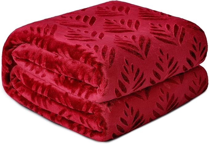 Exclusivo Mezcla Twin Size Fleece Blanket for Bed, Super Soft and Cozy Blankets All Season Use, Leaves Pattern, Plush Fuzzy Lightweight, Deep Red, 60x80 Inch