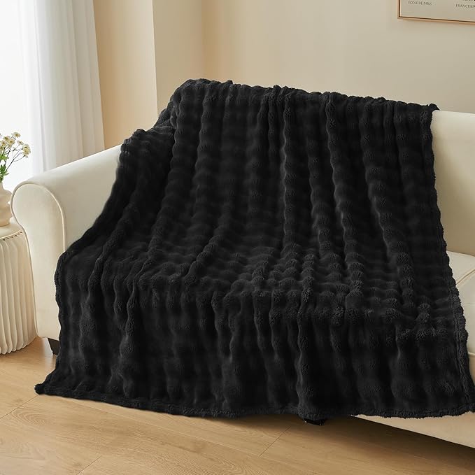 NEWCOSPLAY Throw Blanket for Couch Black Super Soft Flannel Fleece 3D Bubble Lightweight Bed Blanket All Season Use (Black, Throw(50"x60"))