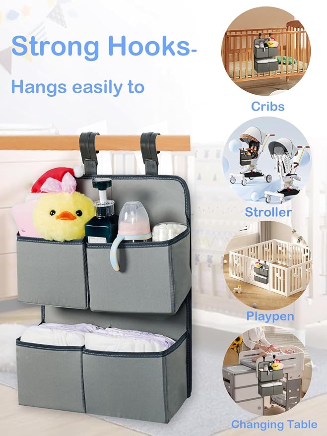 Hanging Diaper Organizer for Crib/Playpen/Bassinet – Hold 80+ Diapers - 4 Deep Pockets-H19in x L15 in Changing Table Diaper Holder - Hanging Diaper Storage Stacker Nursery Caddy - Gray