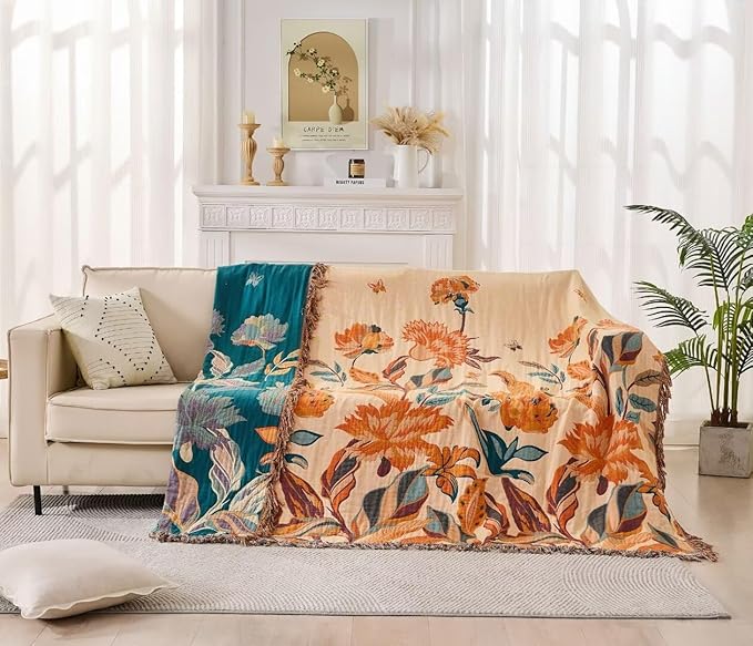 Boho Throw Blanket for Couch Sofa 60"x80",100% Cotton Muslin Fall Throw Blanket for Bed,Ultra Soft 4-Layers Woven Blanket with Floral Printed for All Season,Farmhouse Throws Bed Chair Cover