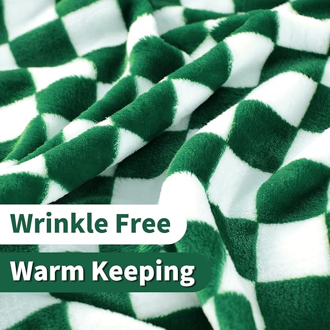 FY FIBER HOUSE Checkered Flannel Fleece Throw Blanket Queen Size Soft Cozy Checkerboard Grid Print Chessboard Gingham Pattern Blankets for Bed Couch Sofa, 90"x90", Green