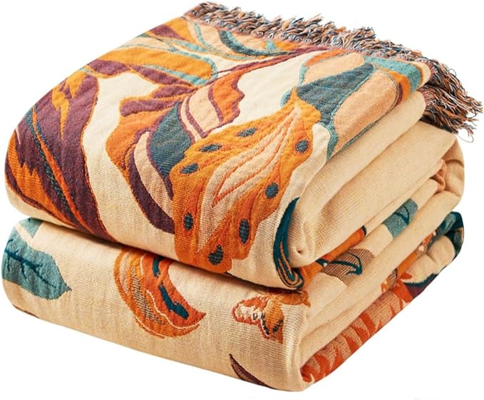 Fall Boho Throw Blanket for Bed 80"x90", 100% Cotton Boho Throws for Couch Sofa, Ultra Soft 4-Layers Woven Muslin Blanket with Floral Printed for All Season,Farmhouse Throws Bed Chair Cover
