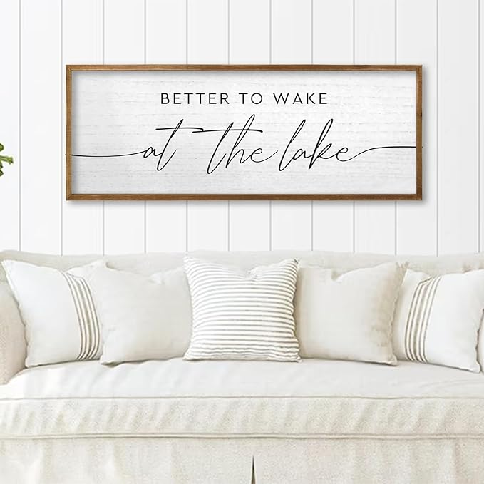 TQianJiang Lake House Decor Better To Wake At The Lake Sign 40"×15" for Bedroom Above Over Bed Large Country Home Cabin Farmhouse Rustic Quote Wood Framed Wall Hanging Art (Wood)