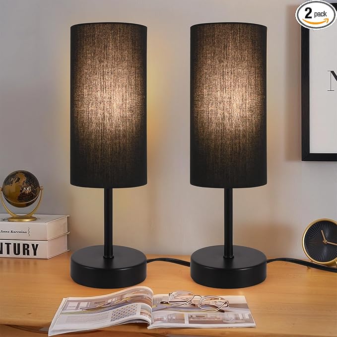 2 Pack Table Lamp for Bedroom, Bedside Lamps for Nightstand with Wire Switch, Minimalist Desk Lamps with Linen Fabric Shade for Kids Room Living Room Office Dorm, Bulb Included