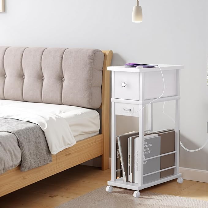 Narrow Side Table (1PC) - White End Table with Charging Station Drawer & 4 Wheels, Personalized Mobile Storage Nightstand for Bedroom Living Room (1 AC + 2 USB Ports)
