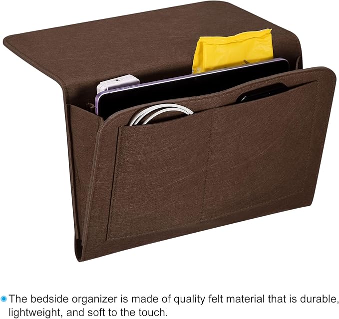 PATIKIL 13in Bedside Caddy, Bed Caddy Bedside Organizer Hanging Soft 5 Pockets Bed Pockets Bedside Storage Organizer Remote Control Holder for Bedroom Phones Glasses, Dark Brown