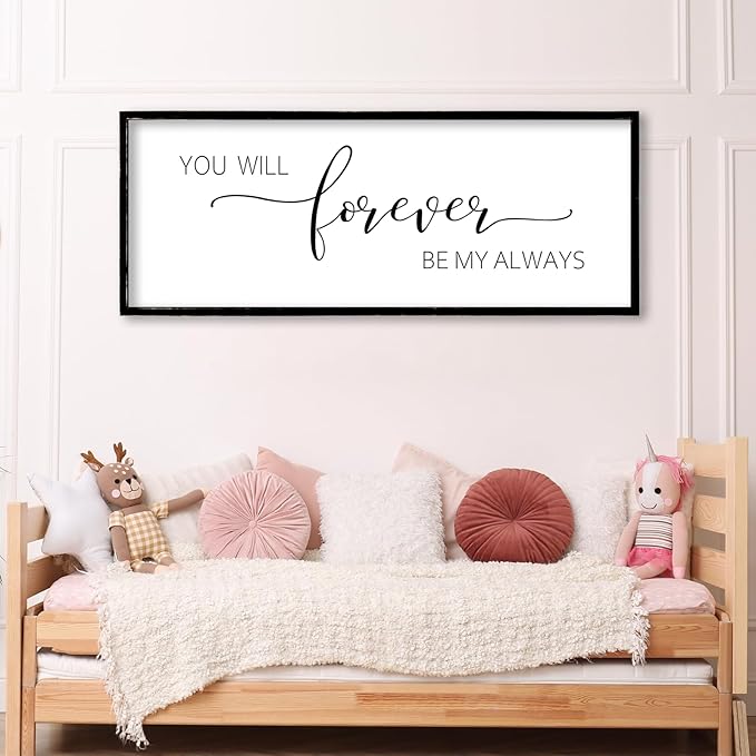 You Will Forever Be My Always Sign Wall Decor 40"x15" Above over Bed Master Bedroom Guest Room Large Rustic Wooden Framed Wall Hanging Art (Black)