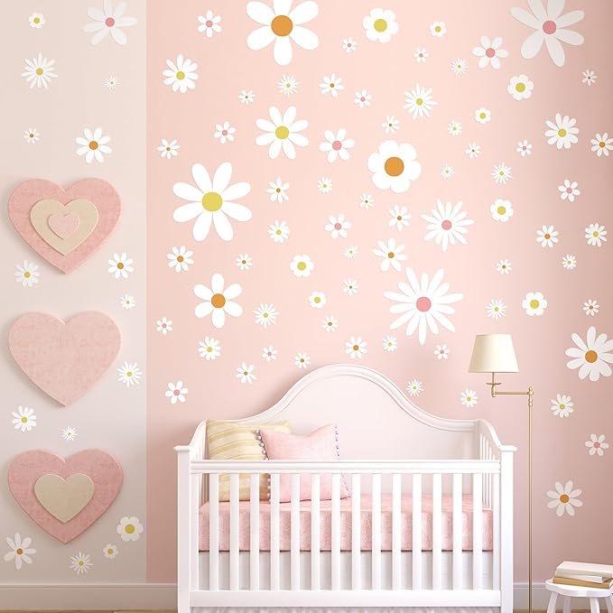 Kisston 90 Pcs Daisy Wall Decal Alphabet Vinyl Wall Decals Boho Decal Daisy Stickers Boho Groovy Floral Stickers for Nursery Art Bedroom Classroom(White)