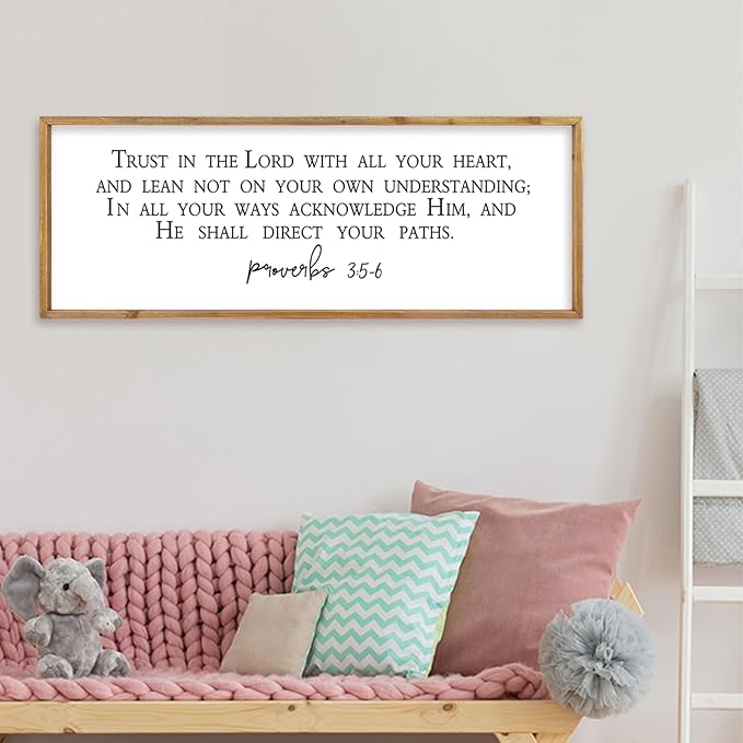 comurdyo Bible Verse Trust in the Lord With All Thine Heart Wall Decor 32"×12" Proverbs 3:5-6 Sign Scripture Christian Prayer Large for Family Modern Rustic Bedroom Wood Framed Plaque Hanging (Wood)