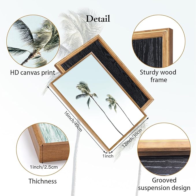 CHDITB Tropical Surf Scene Framed Canvas Wall Art Set Of 3, Coastal Wall Decor, Ocean Inspired Beach Wall Painting, Neutral Seascape Palm Tree Art Prints For Living Room Bedroom Decor (12x16 Inch)