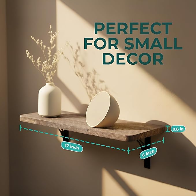 Reinforced Steel Bracket Brown Shelves for Wall - Easy to Install, Template and Video Included - Wall Mounted Rustic Wood Shelves for Bathroom, Wall Shelves for Living Room